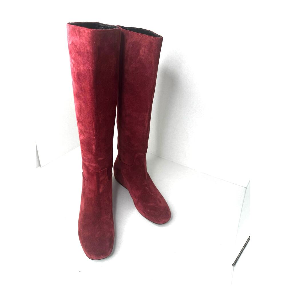 Longchamp Red Brick Suede Knee High Riding Boots Flat Leather EU 37 - Picture 3 of 9